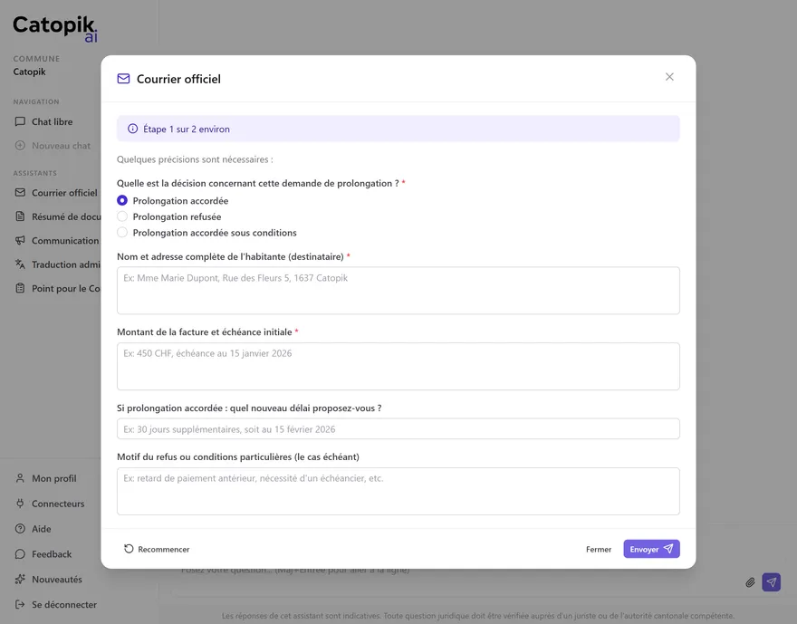 Interface de Catopik AI : l'assistant Courrier officiel pose ses questions de clarification (décision, destinataire, montant, nouveau délai) avant de rédiger le courrier.